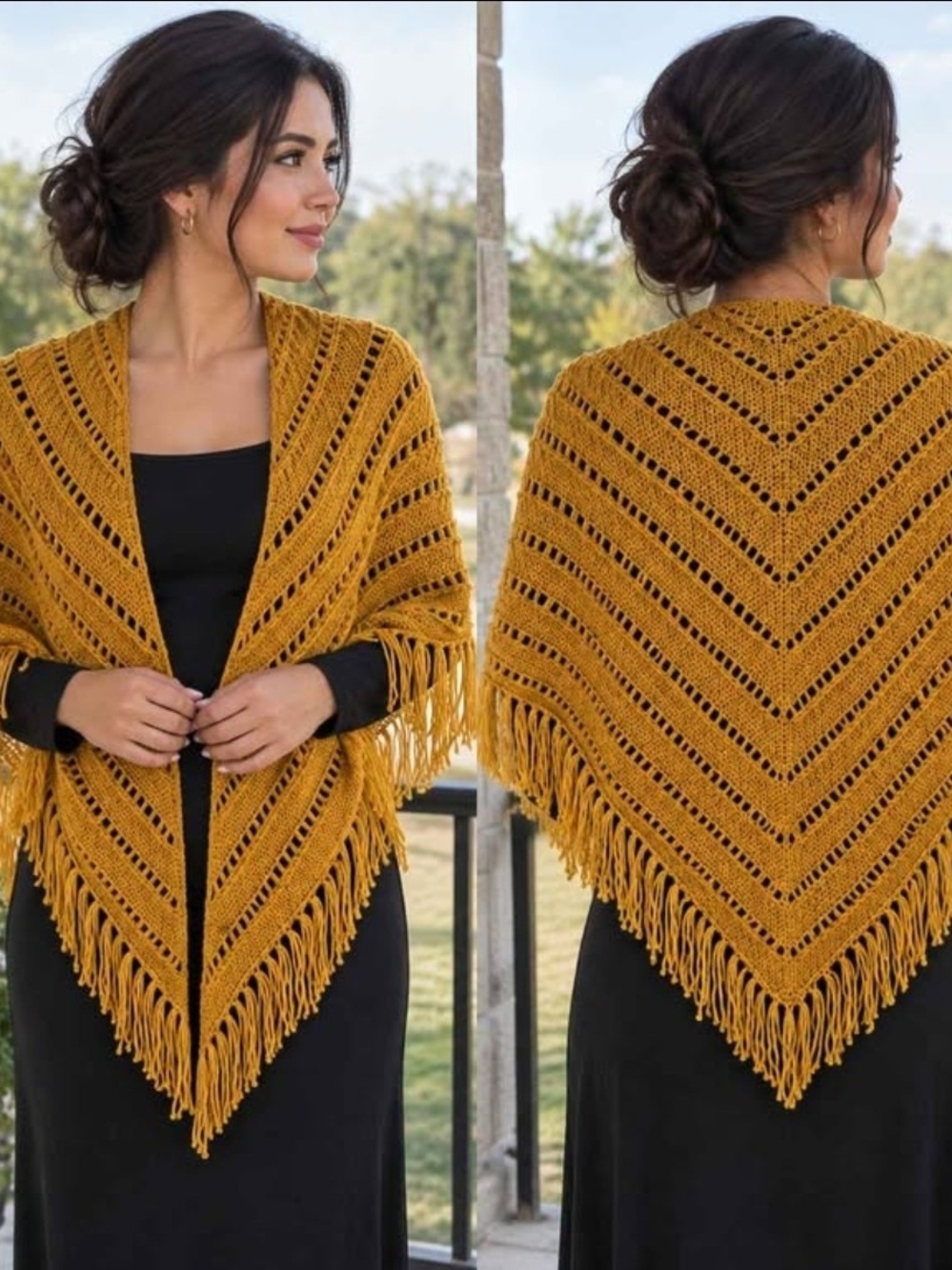 Mustard Fringe Crochet Shawl Wrap - Women Accessories